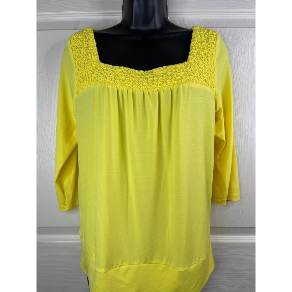 AGB Blouse Womens Size Small S 3/4 Sleeve Solid Yellow Stretch Top Square Neck - Picture 3 of 8